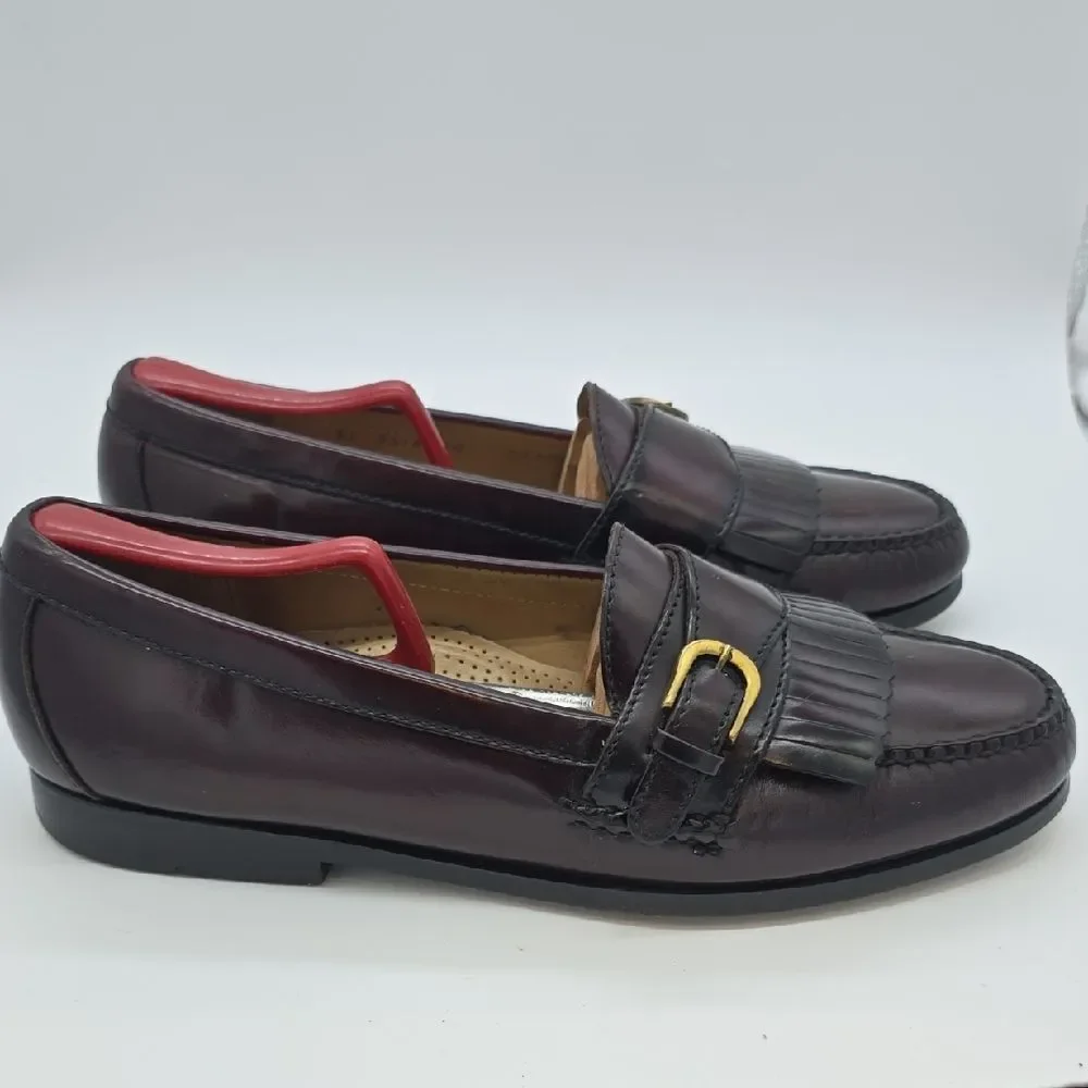 Cole Haan Burgundy Leather Kiltie Loafers with Gold Buckle Accent